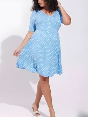 Torrid Light Blue Polka Dot V-Neck Swing Dress